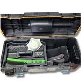 An open hard protective carrying case with foam compartments, shown on a white background. Inside are several accessories showing the expanse of the case.