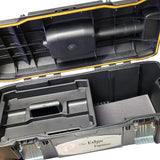 An open black hard carrying case with molded foam inserts and a visible label reading 'The Edge Equine' on the front.